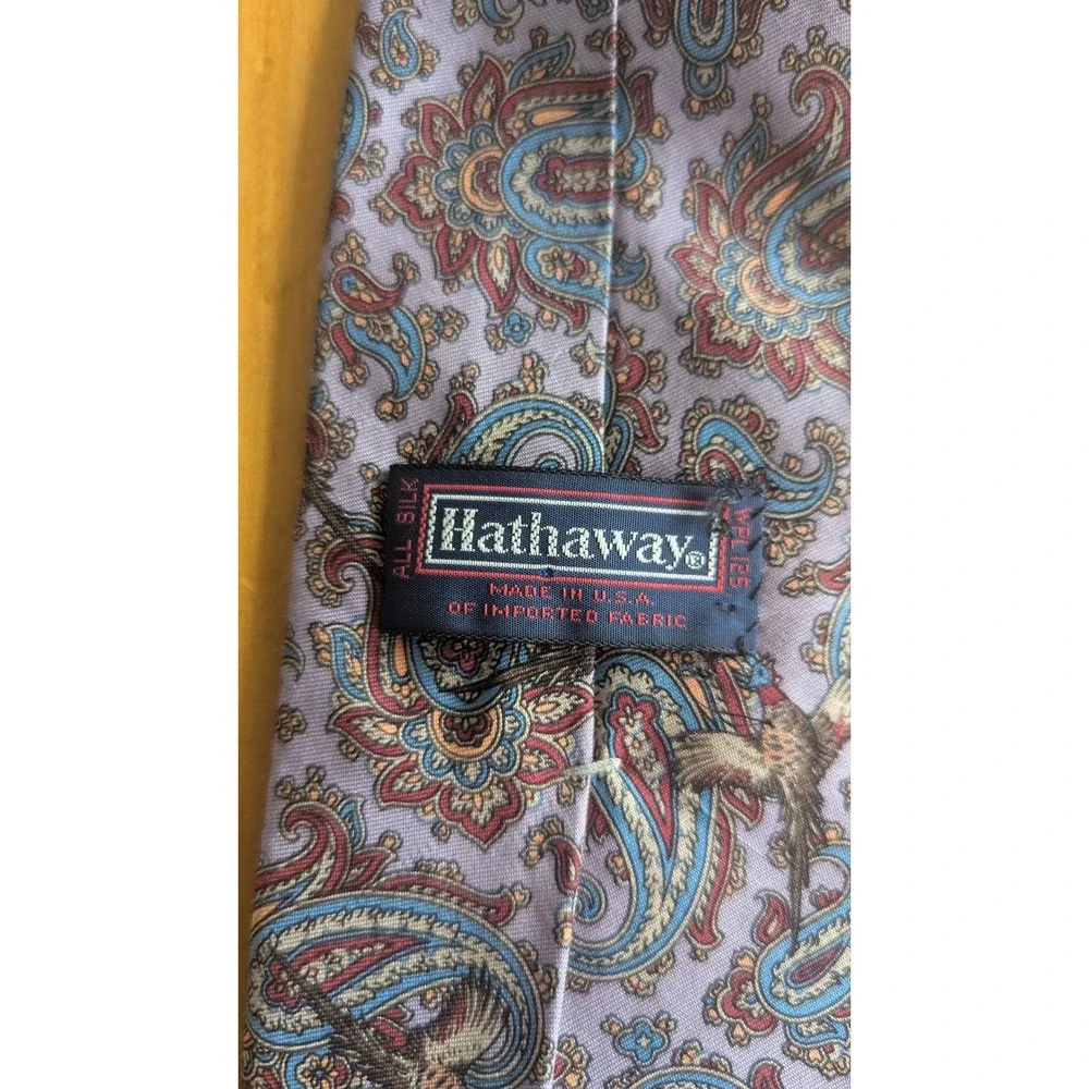 Hathaway Mens‎ Silk Tie Blue Paisley Pheasant Bird Print Made in USA 3.75 Wide